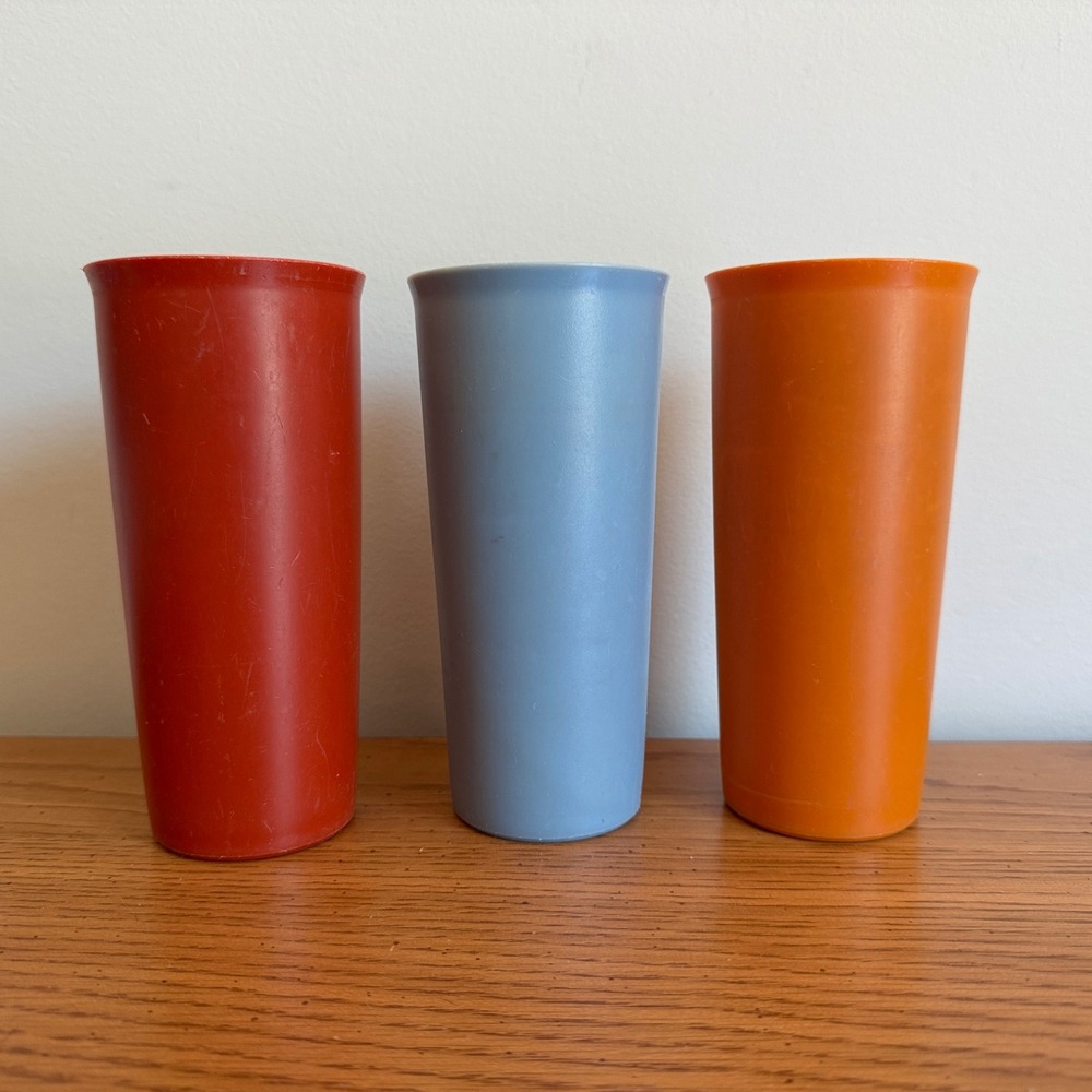 Vintage Tupperware Bell Tumblers Set of 3 Orange Red Blue 115-34 115-12 USA
